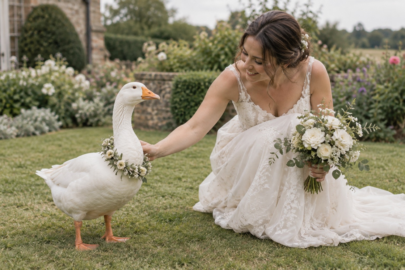 Bride kneeling beside a wedding goose