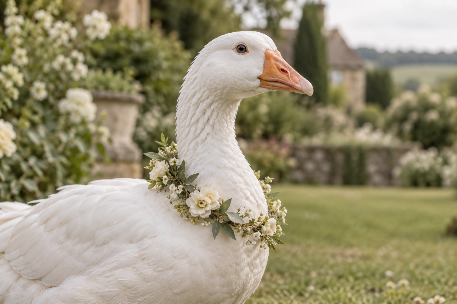 A white goose wearing an understated cream floral garland