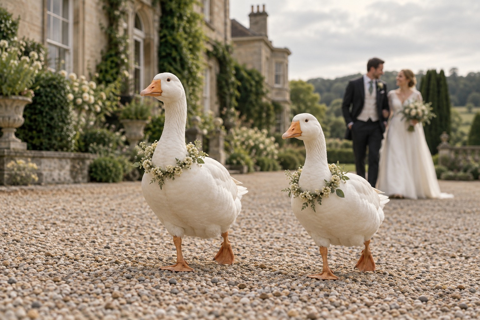 Two white geese in delicate floral garlands at an English country wedding